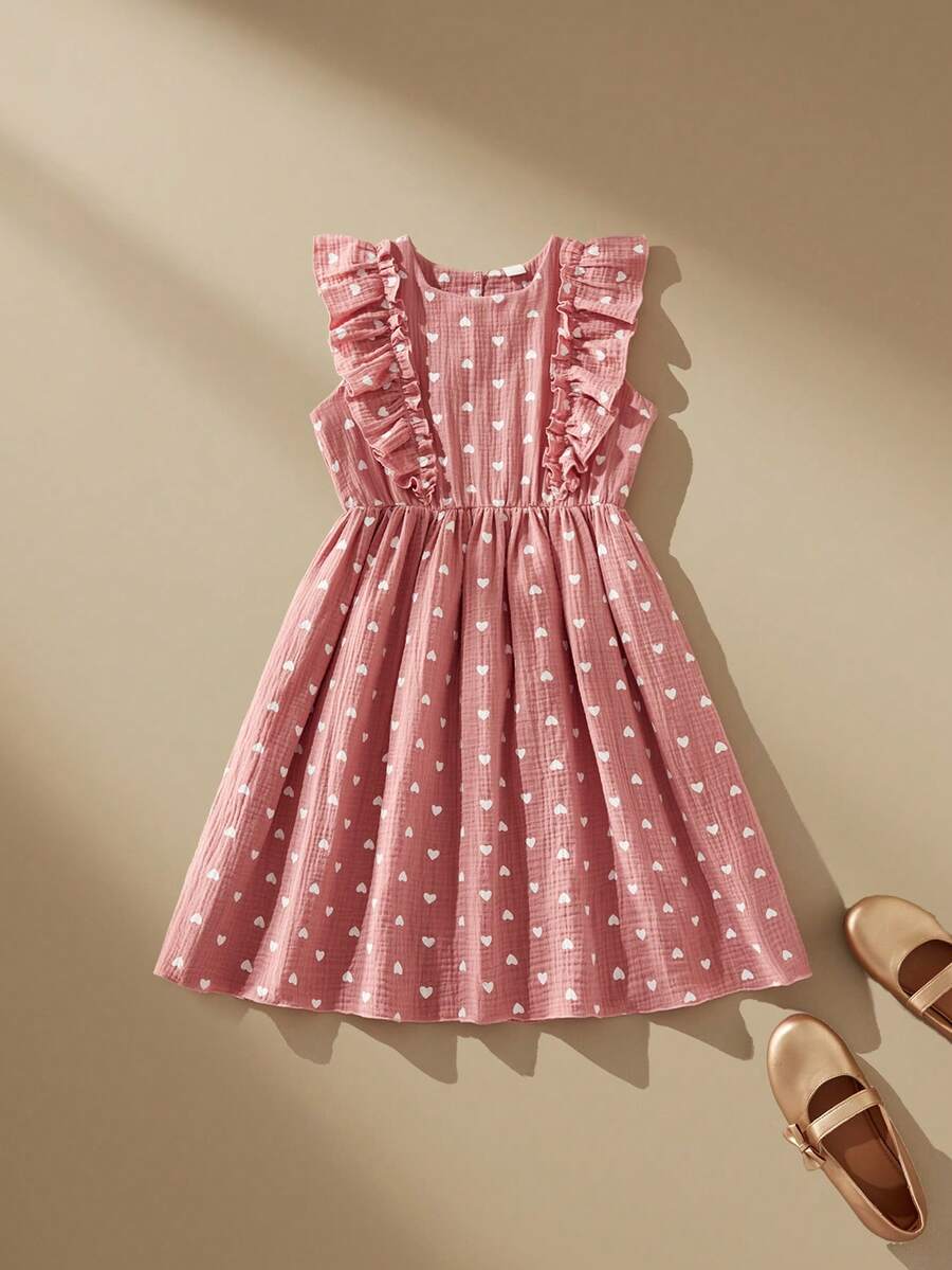 SHEIN 1 pieza Vestido de manga corta con estampado de corazón, lindo y cómodo, para niñas, de verano - Rosa vieja - Ver 1