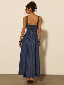 COSMINA Đầm denim dài không tay cổ chữ V sâu, xếp ly, thanh lịch dành cho nữ, đa năng cho đi làm, công sở, dạo phố, thắt eo, thích hợp cho đầu xuân. - Rửa tối - Xem 2