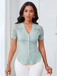 SHEIN Lunessa Women's Minimalist Single-Breasted Short Sleeve Shirt, Commuter Style - Baby Blue - View 3
