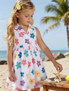 SHEIN Playful Pals 女童碎花夏季新款时尚Polo领露背吊带束腰甜美休闲度假连衣裙 - 白色 - 查看 9