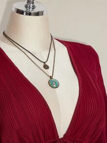 SHEIN ICON Áo cánh ngắn xếp ly tay chuông cổ chữ V sâu, màu trơn, phong cách nghỉ dưỡng thường ngày cỡ lớn dành cho nữ, mùa xuân/thu - Màu Đỏ Sâu - Xem 6