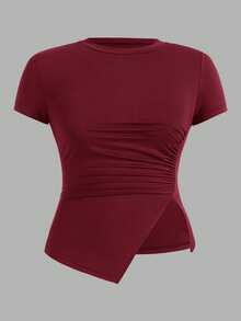 SHEIN Essnce Women's Plus Size Round Neck Side Slit Ruched 3 PiecesT-Shirt Set - Multicolor - View 8
