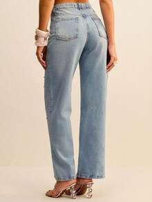 Daynim Faux Pearls Beaded Straight Leg Jeans - Light Wash - View 2