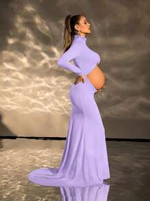 Cheriluna Maternity 纯色孕妇连衣裙，腰部镂空设计，长袖 - 紫色 - 查看 3