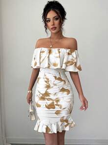 Tropical Print Off Shoulder Ruffle Trim Ruched Bodycon Dress Vacation Beach Outfits Women - Multicolor - View 6