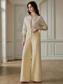 Anewsta New Modern Casual Light Yellow Patch Pocket Wide Leg Elegant Office Commute Versatile Women Suit Pants - Light Yellow - View 7