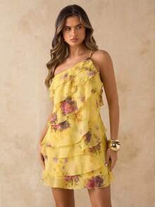 SHEIN BAE Đầm ngắn dáng suông, họa tiết hoa nhí, màu vàng, kiểu dáng ngọt ngào lãng mạn, hở lưng, buộc dây, xếp tầng, thích hợp cho kỳ nghỉ, đi biển, tiệc tùng, lễ hội âm nhạc, lễ tốt nghiệp, tựu trường. - Vàng nhạt - Xem 5
