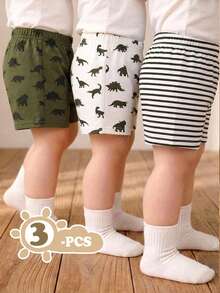 SHEIN Vintaside Kids 3件套男宝宝可爱恐龙印花套装，春夏款 - 綠色 - 查看 4