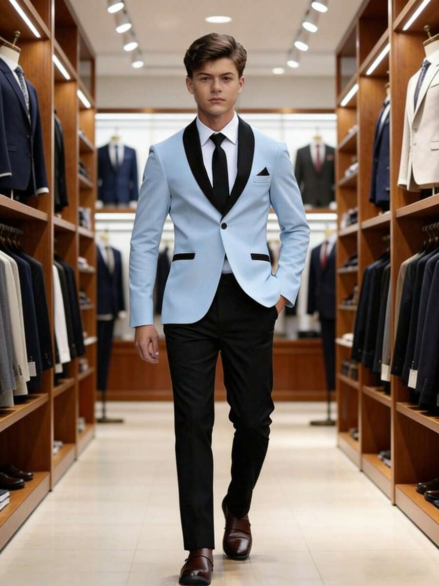 Young Men's Fitted Polyester Baby Blue Colorblock Shawl Collar Long Sleeve Prom Suit Set With Pocket Design - Baby Blue - View 1