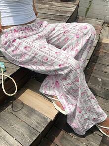 女士印花梭织阔腿休闲裤 - 粉色 - 查看 2