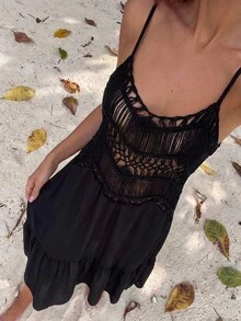 Vaytide Đầm đen móc len dáng rộng, thoáng mát, thích hợp cho kỳ nghỉ xuân/hè. - màu đen - Xem 3