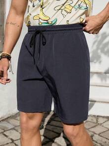 VIVINTIMO Men's Solid Color Casual Shorts, Holiday - Navy Blue - View 3