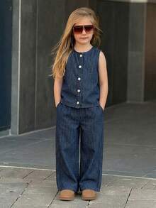 DAZY Young Girl Summer Casual Striped Button Front Denim Vest And Denim Pants Set - Blue - View 2