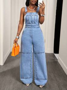 Slaydiva Women's Casual Versatile Everyday Pocketed Denim Jumpsuit With Wide Leg - Blue - View 8