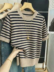 Franclia Nueva llegada Primavera/Verano Estilo coreano Casual Suelta Personalizada Blusa de punto a rayas de color contrastante para mujer - Caqui - Ver 4
