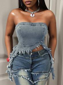 BamGleam 女士时尚性感毛边牛仔抹胸上衣 - 淺色水洗藍 - 查看 5