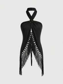 ROMWE Hippie Women's Retro Vacation Boho Halter Neck Tassel Asymmetrical Hem Blouse - Black - View 1