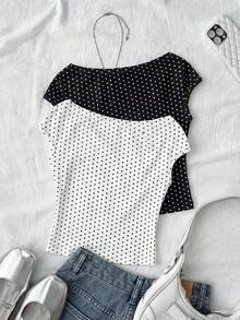 2pcs/Set Tween Girls Vacation Tight Off Shoulder Multi-Piece Multi-Color T-Shirt - Black and White - View 2