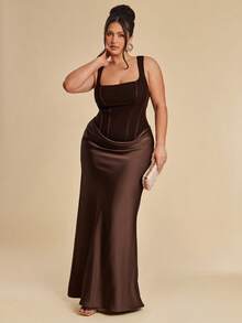 SHEIN BAE 优雅网纱缎带褶皱连衣裙，大码 - 棕色 - 查看 4