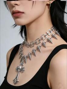 Goth Bộ 2 mặt dây chuyền kiểu punk, hình vuông rỗng, chữ thập, đầu lâu thời trang và đơn giản, thích hợp cho nữ và nam, phù hợp để đeo hàng ngày hoặc khi đi du lịch. - Bạc - Xem 3