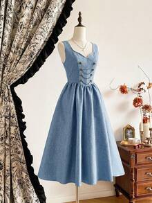 Vintamour 复古优雅女士连衣裙，带口袋，双排扣，链条金属纽扣，休闲度假连衣裙，秋季女装，秋季穿搭，秋季连衣裙，冬季连衣裙，冬季服装，冬季女装，圣诞节女装，圣诞节服装，圣诞节派对连衣裙，棕色连衣裙，优雅女装，优雅女装 - 淺藍色 - 查看 8