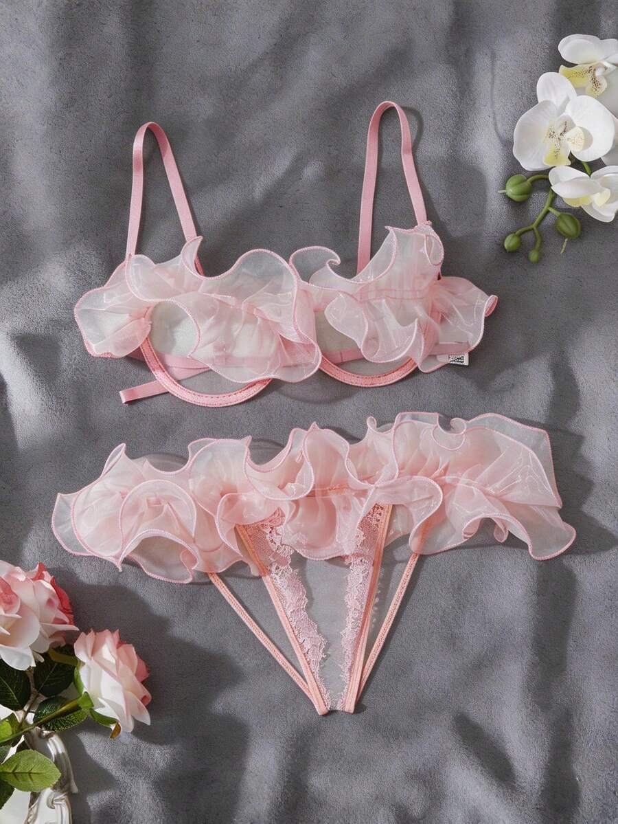SHEIN 性感女士荷叶边细节网眼内衣套装，适合外出穿着 - 淺粉色 - 查看 1