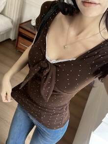 DAZY Women's Summer Loose Lace Patchwork Polka Dot Slim Fit Casual Short Sleeve T-Shirt Cute Tops - Brown - View 2