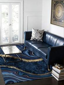 Luxury Faux Marble Print Area Rug, Machine-Washable, Non-Slip, Low-Pile Polyester, Suitable For Home And Office, Rectangular Rug Perfectly Fits Living Room, Bedroom, Study, And Holiday Decor - Blue And Gold, Available In Multiple Sizes - A - View 4