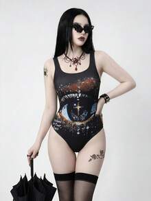 ROMWE Goth 女士优雅沙滩度假泳衣，适合春、夏、秋季穿着，时尚朋克风3D立体眼效果连体泳衣 - 黑色 - 查看 1