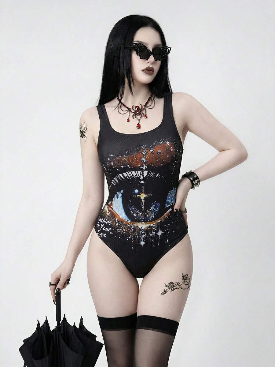 ROMWE Goth 女士优雅沙滩度假泳衣，适合春、夏、秋季穿着，时尚朋克风3D立体眼效果连体泳衣 - 黑色 - 查看 1