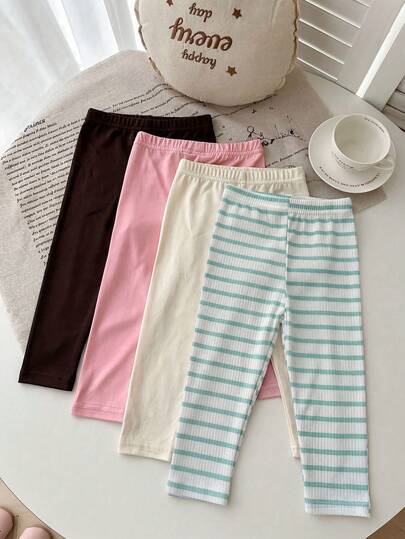 SHEIN Playful Pals 4pcs/Set Baby Girls' Casual Striped & Solid Color Leggings, Spring/Autumn