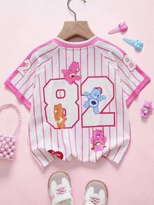 SHEIN X Care Bears 女童夏季休闲条纹小熊印花T恤 - 粉色 - 查看 4