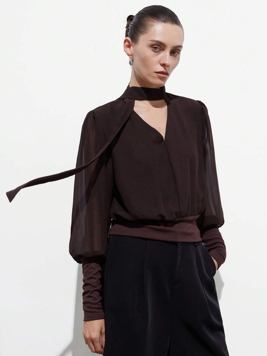 Aveloria Modichic 欧美风百搭野玫瑰法式复古时尚休闲套头长袖衬衫 - 咖啡棕 - 查看 1