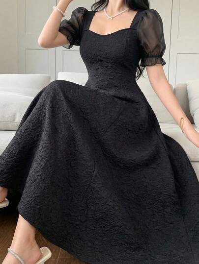 DAZY 优雅印花雪纺拼接方领花瓣袖中长连衣裙，女士夏季吊带裙