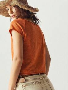Bohemela Solid Color Knit Boat Neck Fitted Washed T-Shirt For Women,Summer Top - Burnt Orange - View 2