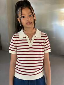 Dazy Kids Tween Girl Casual Loose Striped Short Sleeve Pullover Sweater, Summer, Back To School - Red - View 2