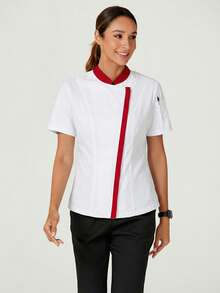 TaskEZ Uniforme de chef de manga corta con ribete de contraste, uniforme minimalista - Rojo y blanco - Ver 6