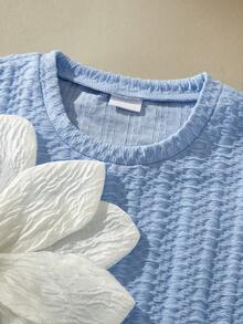 SHEIN 女童休闲圆领甜美手工3D立体花卉装饰时尚T恤，夏季 - 藍色 - 查看 7