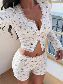 DAZY 1pc White Jacquard Comfortable Homewear Set White Pajama Set, Fall Winter Clothes - White - View 2