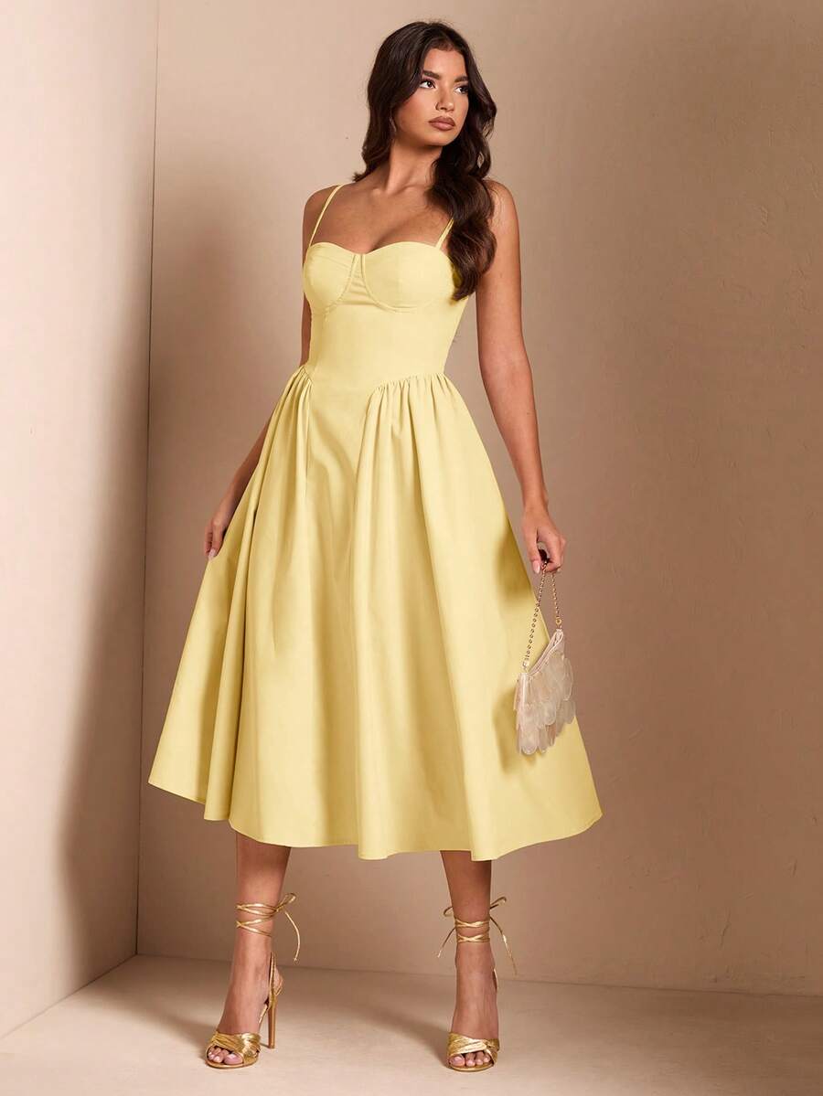 SHEIN BAE Đầm dài không tay dáng phồng thanh lịch dành cho nữ, thích hợp cho các buổi hẹn hò hàng ngày, đi chơi, đi hộp đêm, dự tiệc và các buổi tụ họp vào mùa thu. - Màu vàng - Xem 1