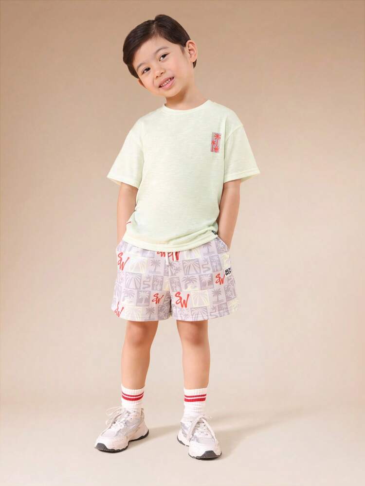 Boys Two Piece Summer Co-Ord Set With Crew Neck T-Shirt And Checkerboard Print Shorts For Casual Wear