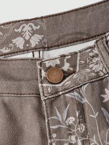 ROMWE Grunge Punk Jeans acampanados de talle súper bajo con estampado floral de contraste en estilo retro hippie - Gris Claro - Ver 3