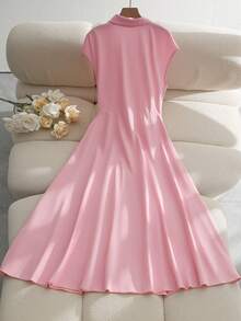 SHEIN Franclia Đầm sơ mi cổ bẻ dáng suông thanh lịch, vai rớt, trang trí khoen chữ D, eo chữ A, dài ngang gối, màu hồng, thích hợp cho nữ mùa xuân/hè. - Màu Hồng baby - Xem 2