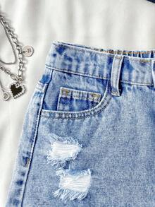 SHEIN Quần short jean rách gấu kiểu boho phong cách Y2K cho bé gái tuổi teen, trang phục mùa hè cho bé gái, đồ đi nghỉ mát mùa xuân hè kiểu đồng quê boho, trang phục đi biển cho bé gái, trang phục đường phố miền Tây cho bé gái, trang phục nghỉ xuân, trang phục dự tiệc rave, quần short jean lễ hội. - Rửa nhẹ - Xem 3