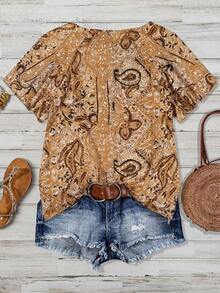 Linhara Áo kiểu nữ cỡ lớn họa tiết hoa điều tay bồng đôi - Nhiều màu - Xem 2