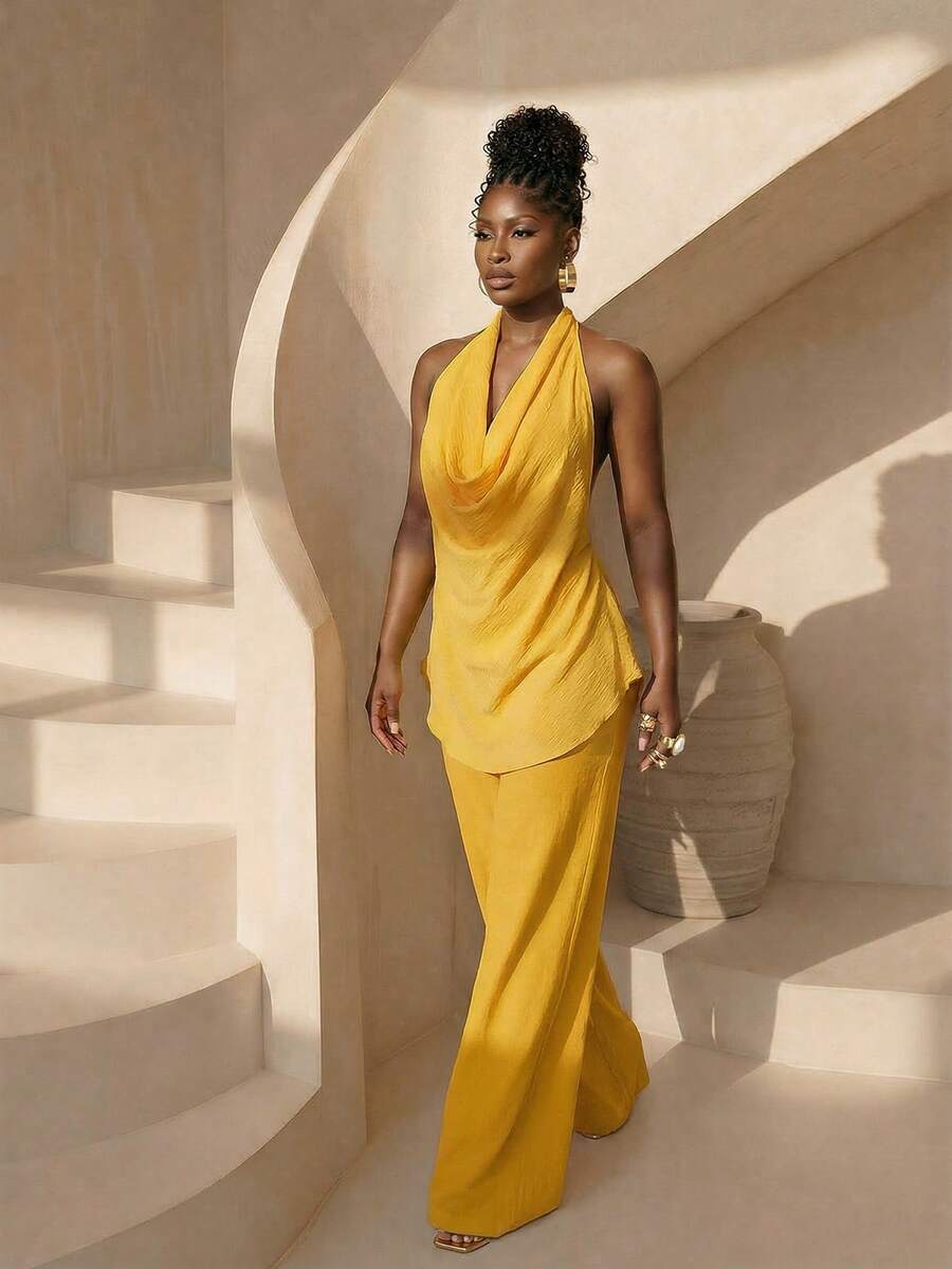 BamGleam Áo kiểu nữ màu vàng cổ xếp ly thiết kế mới, thích hợp cho mùa xuân, ngày lễ tình nhân, năm mới, phong cách nhiệt đới năng động, phù hợp cho du lịch, mặc hàng ngày, đi học, dự tiệc và tụ họp. - Màu vàng - View 1