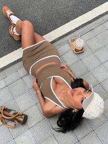 Dewbera Dewbera 女款兩件式運動套裝，白色夏季性感運動休閒健身V領交叉設計運動上衣，對比腰帶A字口袋短褲，運動棕色 - 棕色 - 查看 7