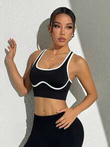 Dewbera Women's Summer Fashion Contrast Trim Backless Sports Tank Top - Black - View 4