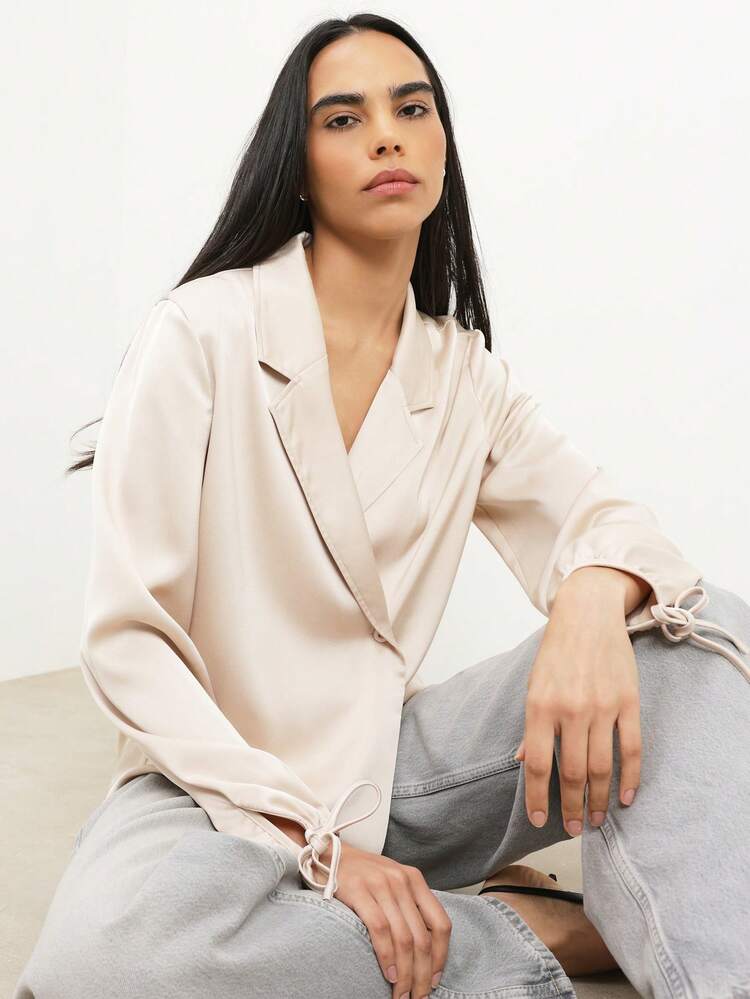 KSTM Women's Wrap Blouse With Notched Lapel Collar Long Sleeve Tie Cuff Detail Professional Office Business Casual Formal Shirt Elegant Spring Fall Winter