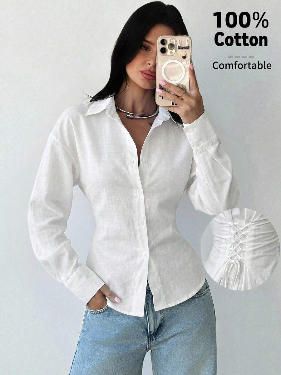 女士蓝白条纹长袖衬衫，系带腰身，休闲通勤衬衫，度假衬衫，收腰条纹衬衫，适合春、夏、秋、冬四季穿着，优雅，度假风，波西米亚风，工作装 - 白色 - 查看 1